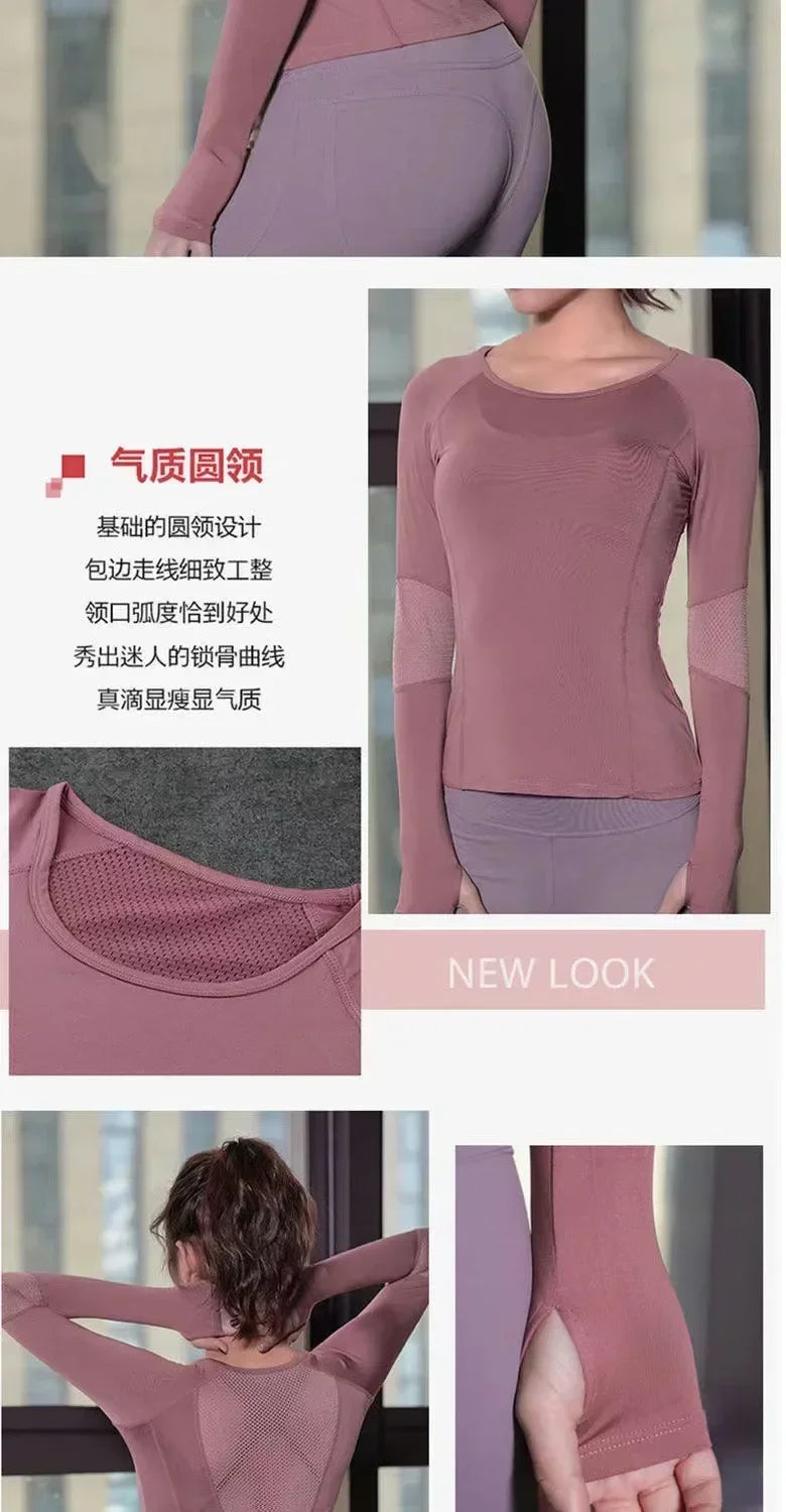 Quick Drying Fitness Top Women Sportwear Running Exercise Long Sleeved T-shirt Finger Sleeve Training Top