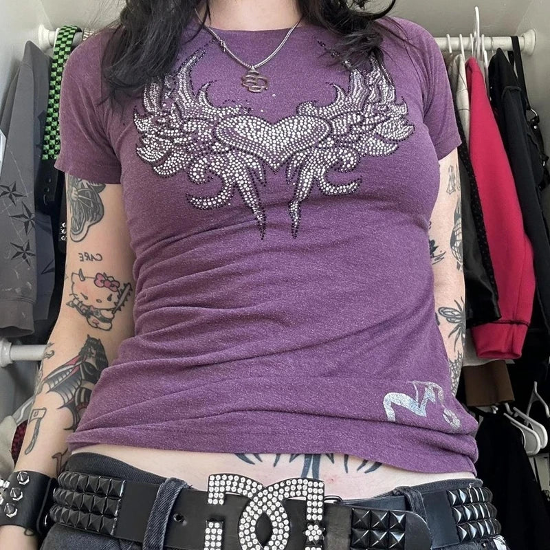 2000s Retro Y2K Cybery Grunge Emo Baby Tees Rhinestone Graphic Print T-shirt Japanese Harajuku Mall Goth Short Sleeve Crop Tops