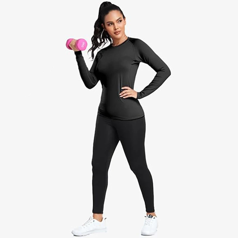 Women's Compression Shirt Athletic Yoga Running Long Sleeve T-Shirt Spring Fall Gym Workout Stretchy Baselayers Rash Guard Tops