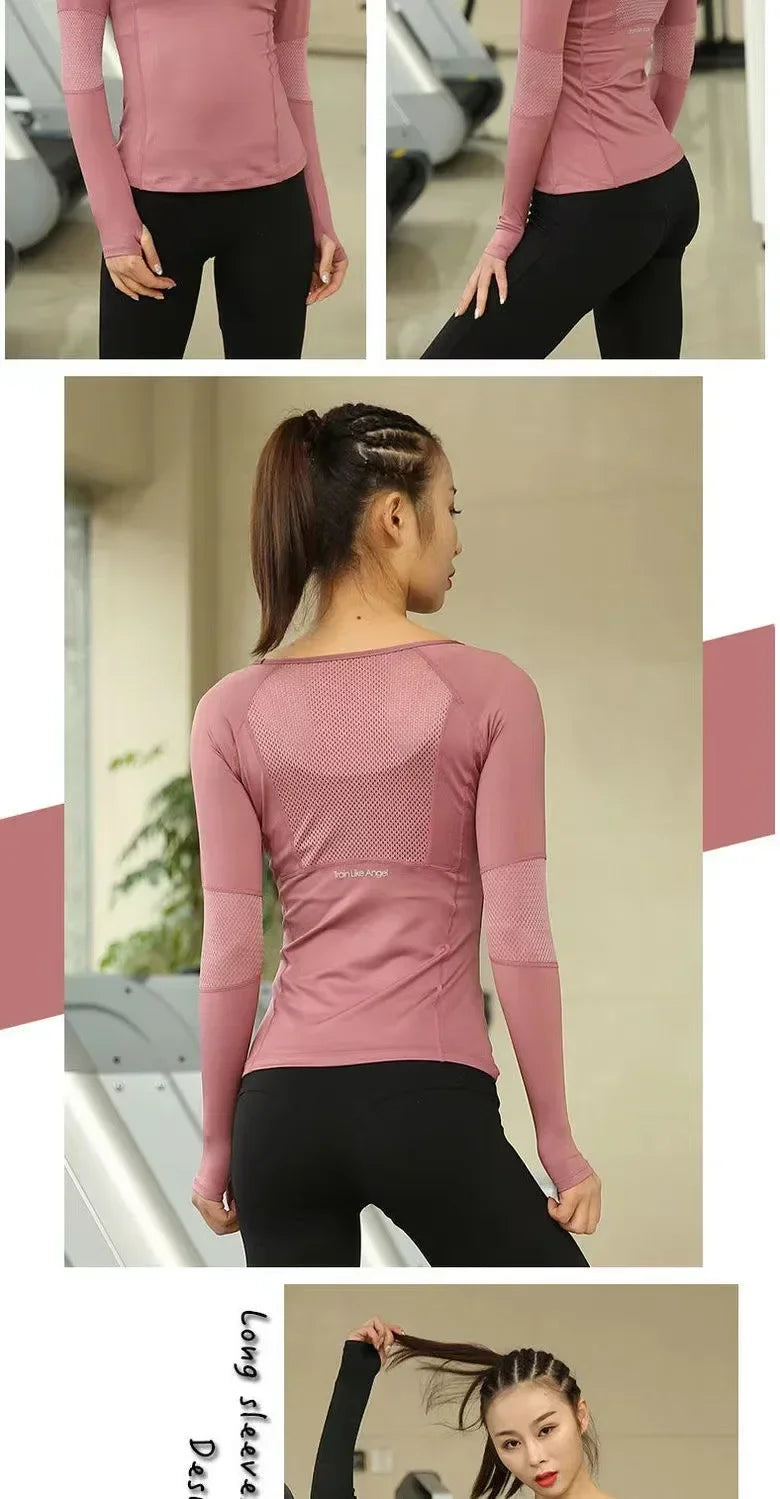 Quick Drying Fitness Top Women Sportwear Running Exercise Long Sleeved T-shirt Finger Sleeve Training Top