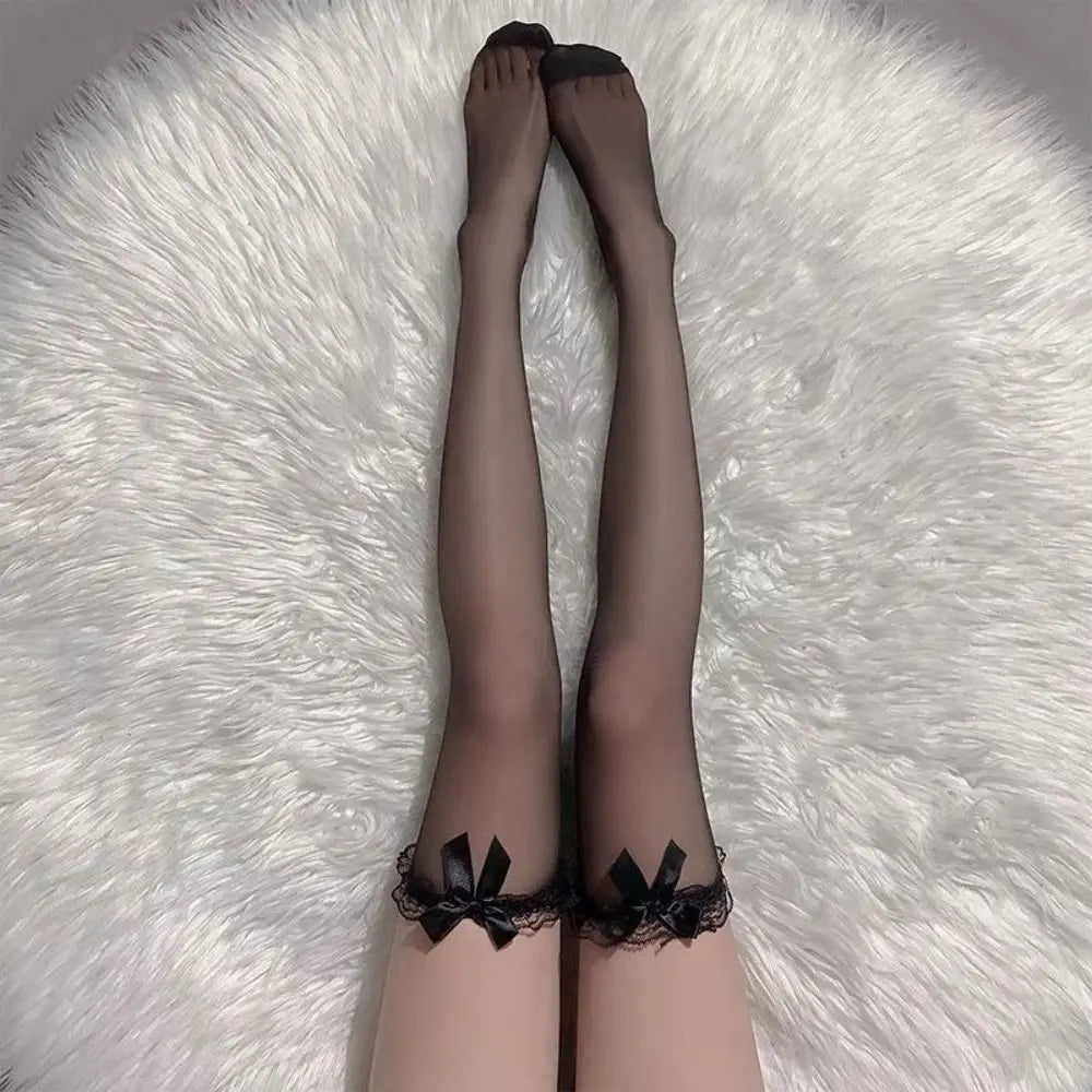 Black White Sexy Overknee Long Socks Women Sweet Girls Lolita Bowknot Thigh High Fishnet Stockings Gothic Punk Lace Mesh Legging