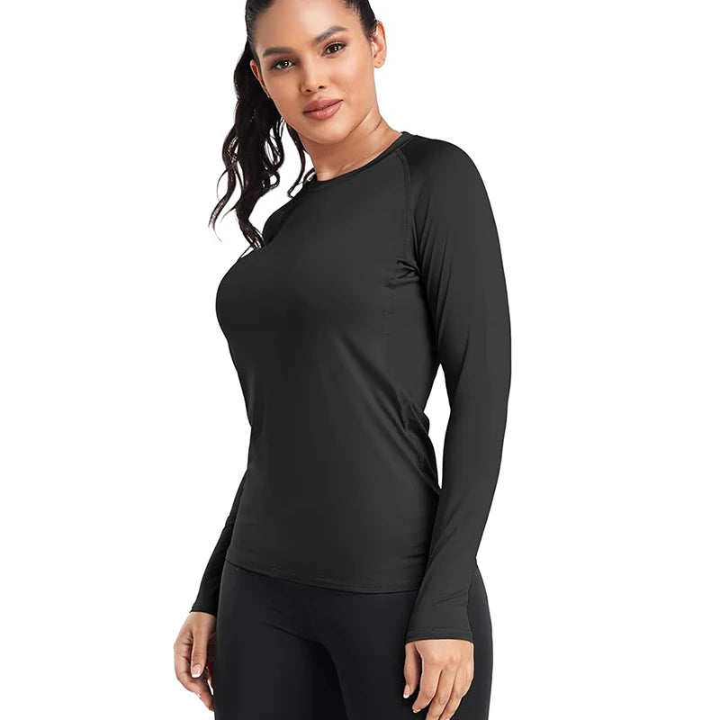 Women's Compression Shirt Athletic Yoga Running Long Sleeve T-Shirt Spring Fall Gym Workout Stretchy Baselayers Rash Guard Tops