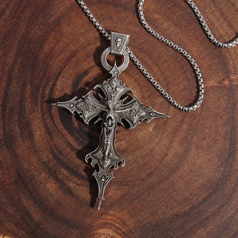 Vintage Gothic Skull Jesus Cross Pendant Necklace Catholic Jewelry for Men Punk Religious Amulet Necklace