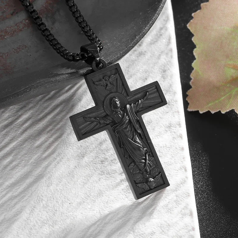 Vintage Gothic Skull Jesus Cross Pendant Necklace Catholic Jewelry for Men Punk Religious Amulet Necklace