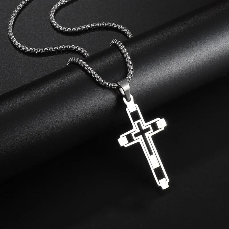 Vintage Gothic Skull Jesus Cross Pendant Necklace Catholic Jewelry for Men Punk Religious Amulet Necklace