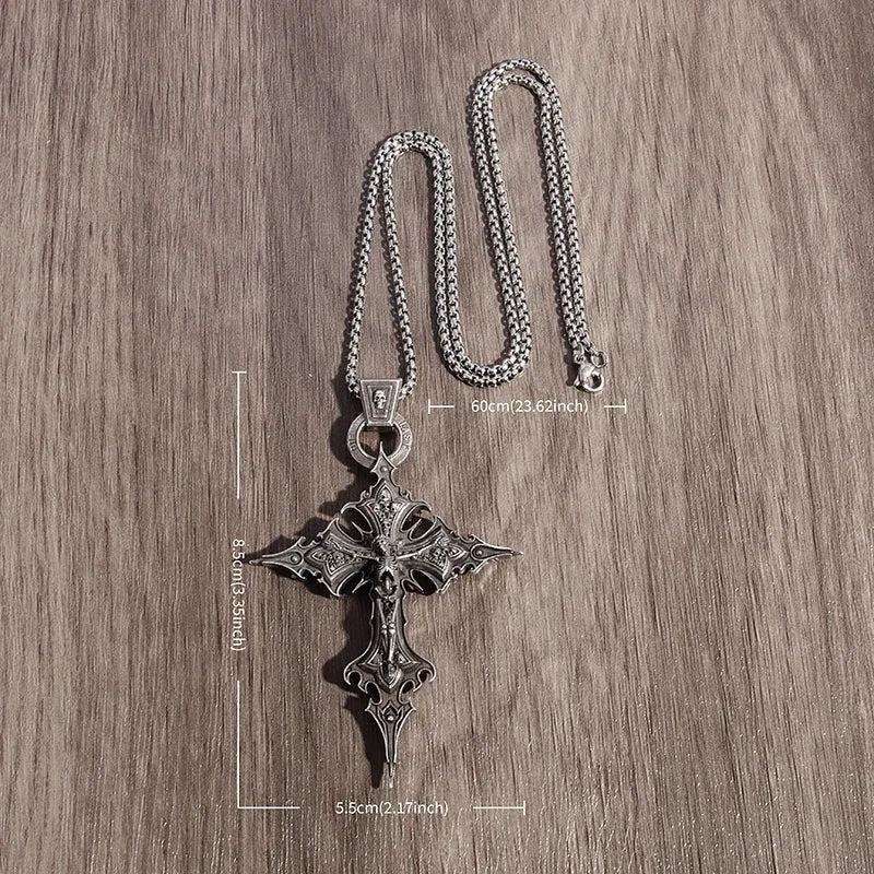 Vintage Gothic Skull Jesus Cross Pendant Necklace Catholic Jewelry for Men Punk Religious Amulet Necklace