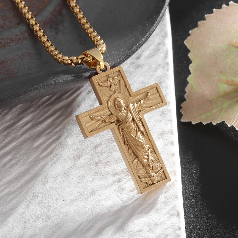 Vintage Gothic Skull Jesus Cross Pendant Necklace Catholic Jewelry for Men Punk Religious Amulet Necklace