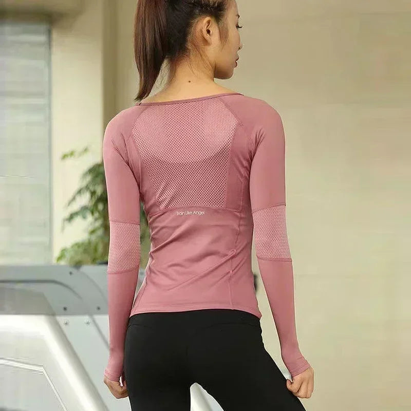 Quick Drying Fitness Top Women Sportwear Running Exercise Long Sleeved T-shirt Finger Sleeve Training Top