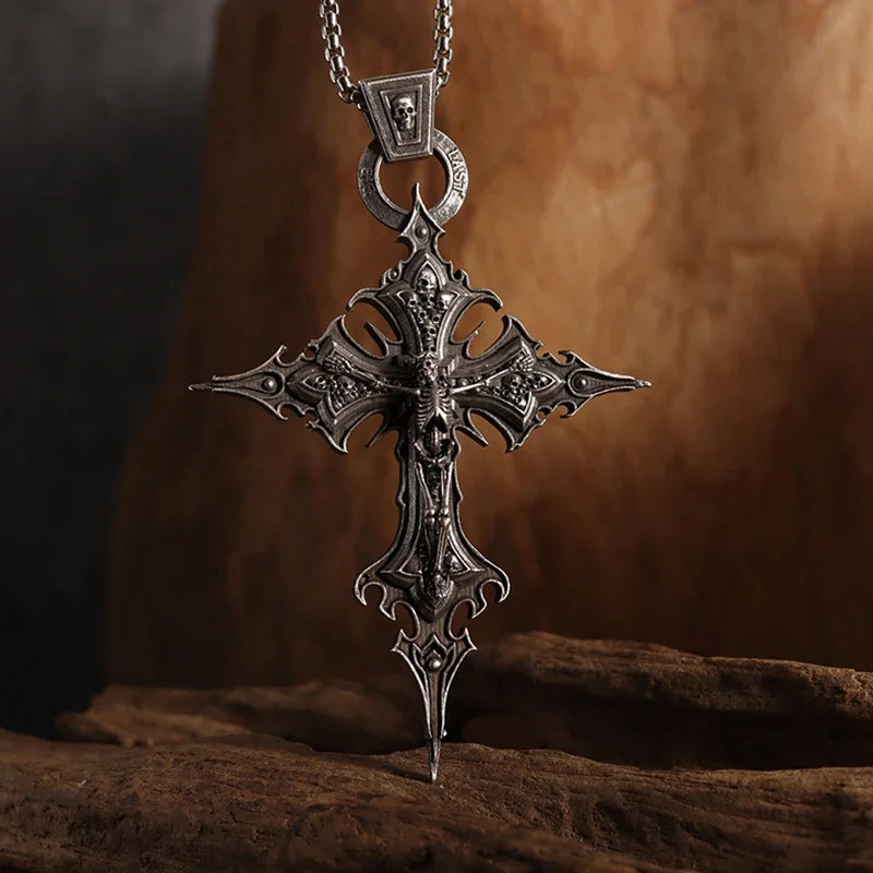 Vintage Gothic Skull Jesus Cross Pendant Necklace Catholic Jewelry for Men Punk Religious Amulet Necklace