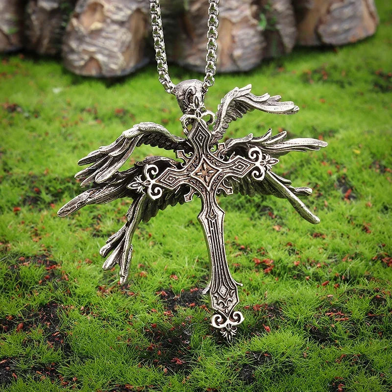 Vintage Gothic Skull Jesus Cross Pendant Necklace Catholic Jewelry for Men Punk Religious Amulet Necklace